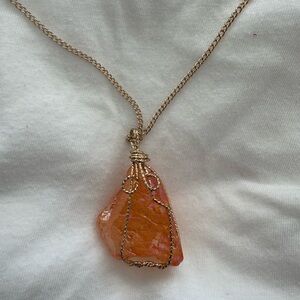 Gold Wire-Wrapped Orange Crystal Pendant Necklace